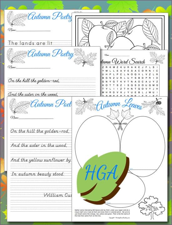 Fall homeschool pages - word search, handwriting poems, coloring pages